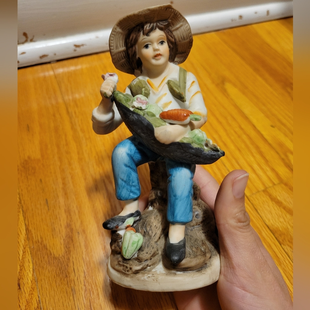 Vintage Porcelain Home Decor Figurine Farm Boy in Hat w/Basket of Veggies 5 1/2"